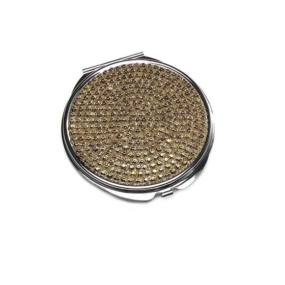 Champagne Rhinestone Compact Purse Travel Mirror - Picture 2 of 7